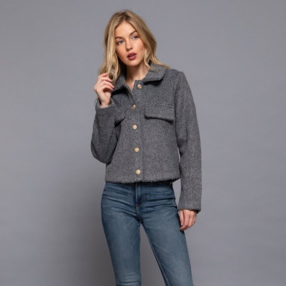 Long Slv Teddy Fleece Short Jacket - Picture 2 of 6